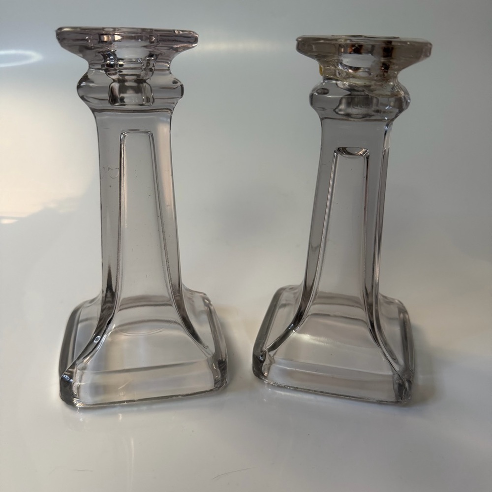 Vintage Clear Glass Candlestick Holders - Pair